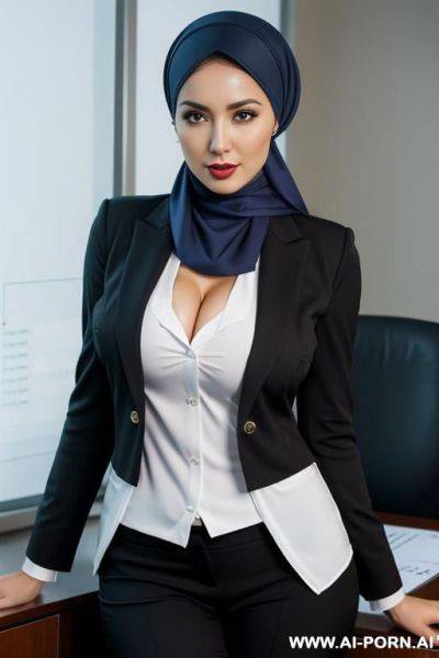 Medium full shot, alluring thighs, wide hips, big boobs, headscarf, office - ai-porn.ai on pornintellect.com