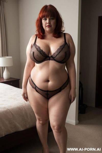 Chubby woman, full body, standing, long with bangs, triangular hips, thick thighs, hands on hips - ai-porn.ai on pornintellect.com