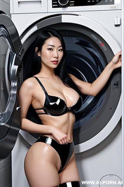 Asian woman in latex bra and panties bending over with her hands to a semi-automatic washing machine - ai-porn.ai on pornintellect.com