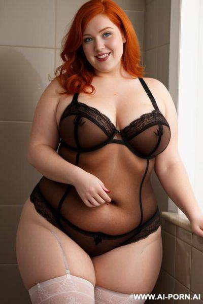 Half-length photo, as a setting in the laundry area, a fat chubby fat thick and bbw redhead british, she is washing clothes and is soaked in foamy water. she has lovehandless and a soft - ai-porn.ai - Britain on pornintellect.com