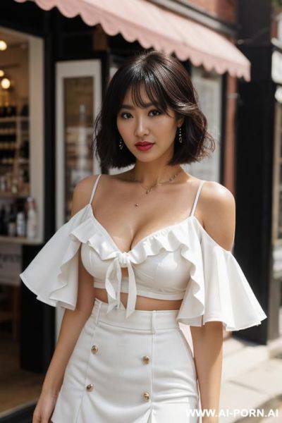 Woman standing in shop, (pretty face), black and white outfit clothes - ai-porn.ai on pornintellect.com