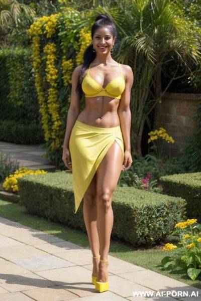 Indian, fit, abs, muscular arms, big ass, tall, long legs, navel piercing, yellow bra, yellow pleat skirt, looking at camera, full body, stiletto, in garden - ai-porn.ai - India on pornintellect.com