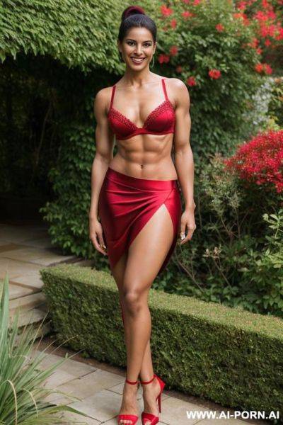 Indian, short hair, fit, abs, muscular arms, big ass, tall, long legs, diamond navel piercing, red satin bra, red pleat skirt, looking at camera, full body, stiletto, in garden, arms stretching - ai-porn.ai - India on pornintellect.com