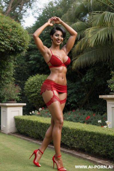 Indian, short hair, fit, abs, muscular arms, big ass, tall, long legs, diamond navel piercing, red lace bra, red pleat skirt, looking at camera, full body, stiletto, in garden, arms up, side view - ai-porn.ai - India on pornintellect.com