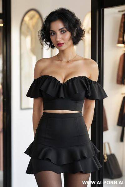 Woman standing in shop, (pretty face), all black outfit and clothes - ai-porn.ai on pornintellect.com