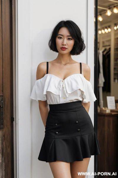 Woman standing in shop, (pretty face), black and white outfit clothes - ai-porn.ai on pornintellect.com