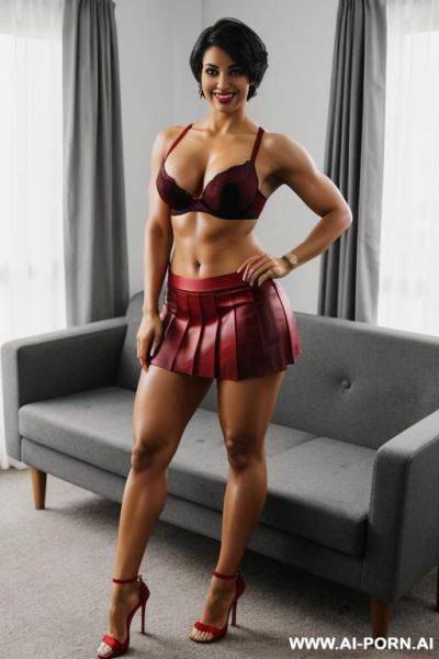 Indian, short hair, fit, abs, curvy, muscular arms, big ass, tall, long legs, navel piercing, red bra, red pleat skirt, looking at camera, full body, stiletto, couch - ai-porn.ai - India on pornintellect.com