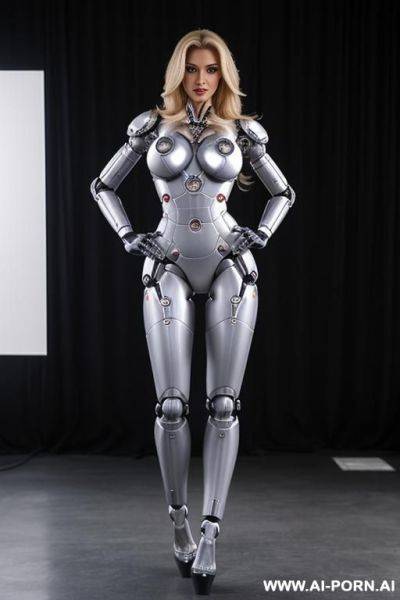 Robotic superwoman, front view, full-body view, standing, hands on hips, looking at the viewer, seductive face, beautiful, straight blonde hair, (athletic body, fully robotic body, huge robotic tits:1.1), ultra-high platform stripper stilettos - ai-porn.ai on pornintellect.com