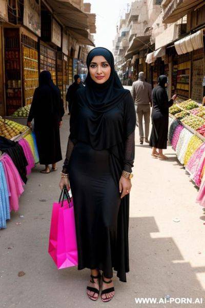 An egyptian, wearing a black hijab that covers her whole body with hijab, she is standing in a local egyptian street market with people in the background, she has brown highlighted black - ai-porn.ai - Egypt on pornintellect.com
