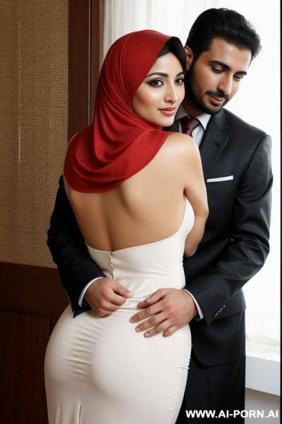 Pretty and seductive arabic woman with curved hips wearing headscarf, a man hugging from the back - ai-porn.ai on pornintellect.com
