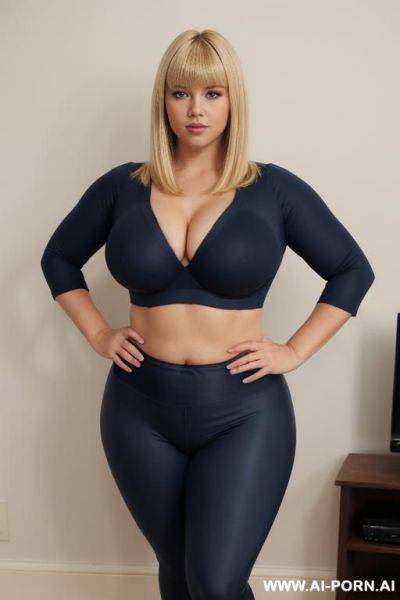 Chubby woman, blonde hair with bangs, full body, standing, triangular hips, thick thighs, hands on hips, wearing blue leggings and bra, room in front of the television - ai-porn.ai on pornintellect.com