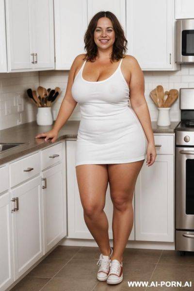Nude s curvy housewife standing naked in white keds sneakers, in kitchen, brunette, smiling, color image. full body view with sneakers in frame. undressed. - ai-porn.ai on pornintellect.com