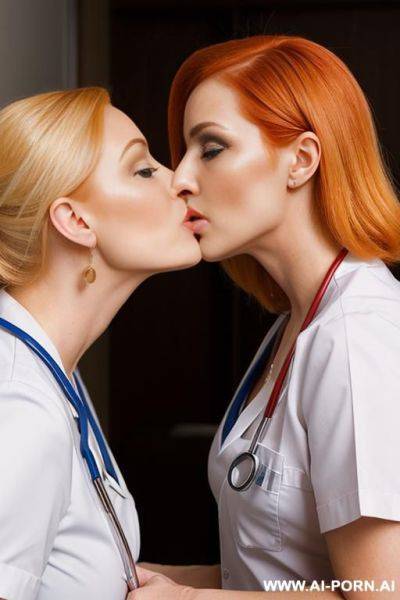 One hot blonde business woman kissing one redhead nurse - ai-porn.ai on pornintellect.com