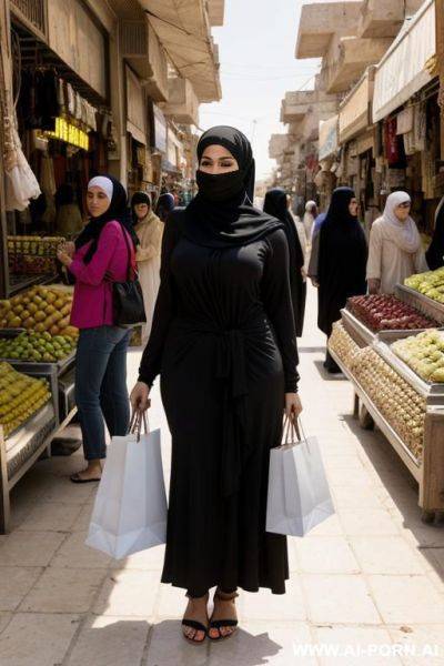 An egyptian, wearing a black hijab that covers her whole body with hijab, she standing in a local egyptian street market with people in the background, she has brown highlighted black curly - ai-porn.ai - Egypt on pornintellect.com