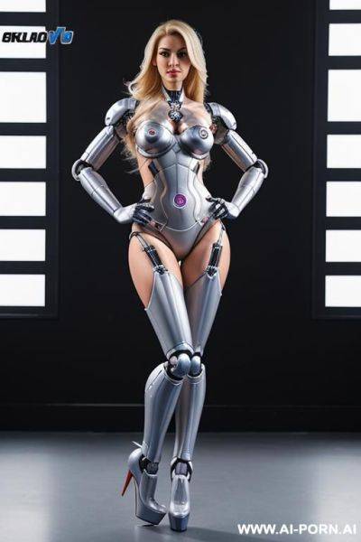 Robotic superwoman, front view, full-body view, standing, hands on hips, looking at the viewer, seductive face, beautiful, straight blonde hair, (fully robotic body, athletic body:1.1), ultra-high platform stripper stilettos - ai-porn.ai on pornintellect.com