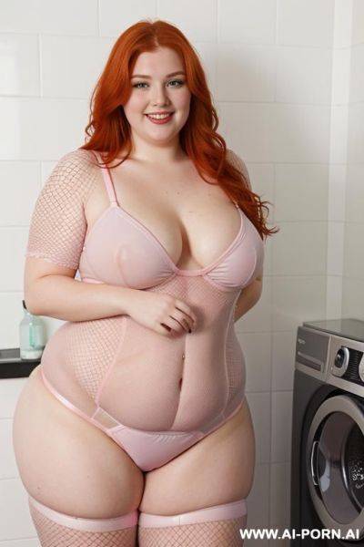Half-length photo, half body close up, as a set in the laundry area, (a obese fat) chubby fat thick and bbw redhead british, she is washing clothes and is soaked in foamy water. she has - ai-porn.ai - Britain on pornintellect.com