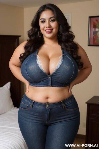 Gorgeous, pretty face, mexican, hourglass shaped, very plump, very rotund figure, she’s very fat with an hourglass wide body, big belly - ai-porn.ai - Mexico on pornintellect.com