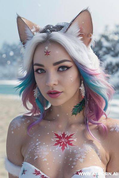 Face, sexy, beautiful, ((face painting)), ((bikini as seashell)), ((tattoo roses)), ((eyes shw)), ((angel wings)), ((rainbow hair)), ((long bu hair)), ((wind)), (( cat face)), (( cat ears)), (((feather - ai-porn.ai on pornintellect.com