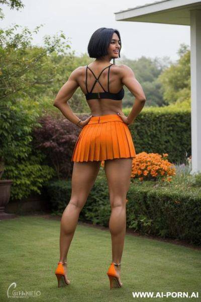 Indian, short hair, fit, abs, muscular arms, big ass, tall, long legs, navel piercing, orange bra, orange pleat skirt, looking at camera, full body, stiletto, in garden, bending down, back view - ai-porn.ai - India on pornintellect.com
