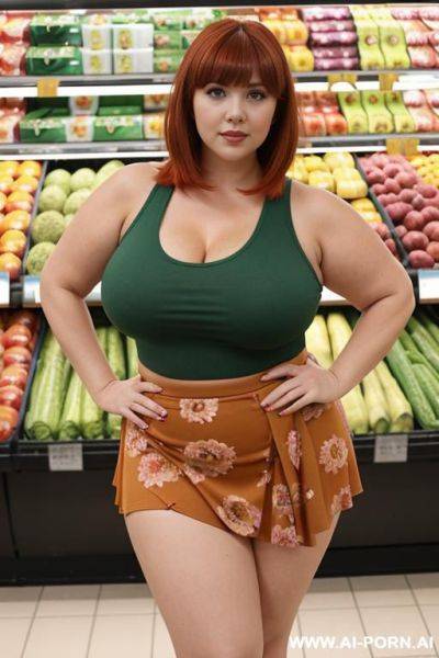 Chubby woman, full body, standing, red hair with bangs, triangular hips, thick thighs, wearing a green tank top, wearing a long flowered skirt, supermarket - ai-porn.ai on pornintellect.com