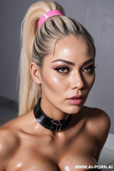 Polynesian manga blonde bimbo, submissive face, blowjob mouth, pink makeup, massive boobs, tight waist, wet hair slicked back into ponytail, wearing wet latex, cumshot on tits, kneeling pov, closeup on face, sex dungeon scene, wearing collar - ai-porn.ai on pornintellect.com