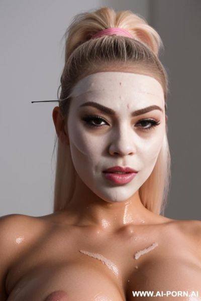 Polynesian blonde bimbo, submissive face, blowjob mouth, pink makeup, massive boobs, waist, wet hair slicked back into ponytail, completely covered in wet latex, blindfolded, bukkake on face, pov, closeup on face, sex dungeon scene - ai-porn.ai on pornintellect.com