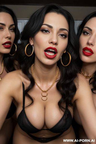 Extremely beauty face, red full lipstick ,three women moaning, extremely strong orgasm, open mouth, pearl necklace, eyes open wide, triple d cup, balloon boobs, wet skin, ((golden hoop earrings)) - ai-porn.ai on pornintellect.com