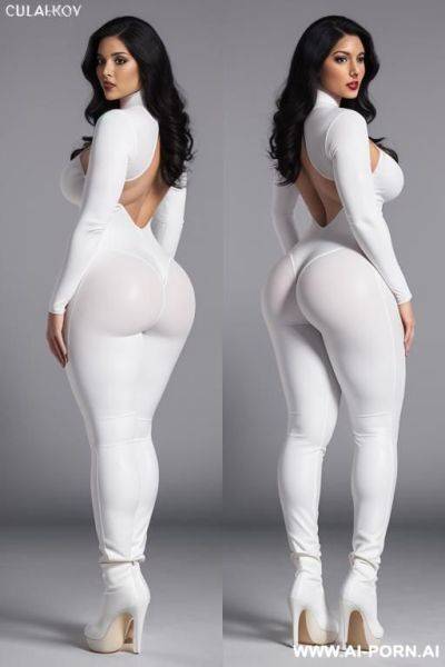 Back view, big ass, chubby, wearing a tight white full-body catsuit, wearing high heel ankle boots, hourglass figure with medium breasts, bending over, four arms - ai-porn.ai on pornintellect.com