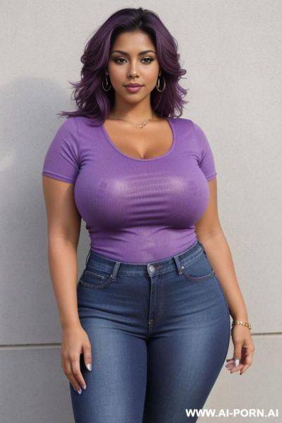 A tanned skin latin woman, wearing jeans short and purple t-shirt. thick thighs and curvy body, medium breasts, beautiful face - ai-porn.ai on pornintellect.com