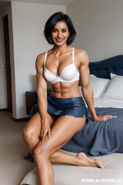 Indian, short hair, fit, abs, muscular arms, big ass, tall, long legs, navel piercing, dark blue bra, white pleat skirt, looking at camera, full body, stiletto, bedroom, cross-legged - ai-porn.ai - India on pornintellect.com
