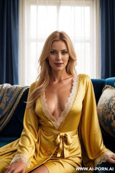 Realistic swedish woman, happy, beautiful natural boobs, beautiful natural body, blue and yellow royal robes, royal lingerie, in a harem, on a couch - ai-porn.ai - Sweden on pornintellect.com