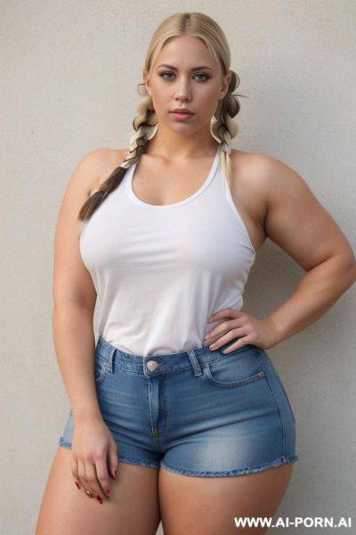 Huge gigantic massive oversized obese bulked up thighs, jean shorts, white tight wet t-shirt, standing - ai-porn.ai on pornintellect.com