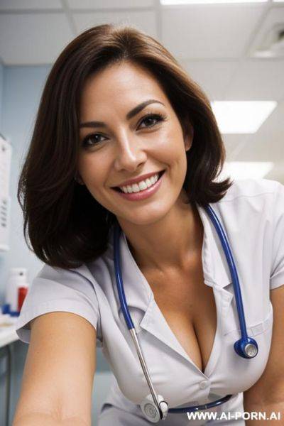 (nurse) (exam room) (bending down) (close up) (smiling) - ai-porn.ai on pornintellect.com