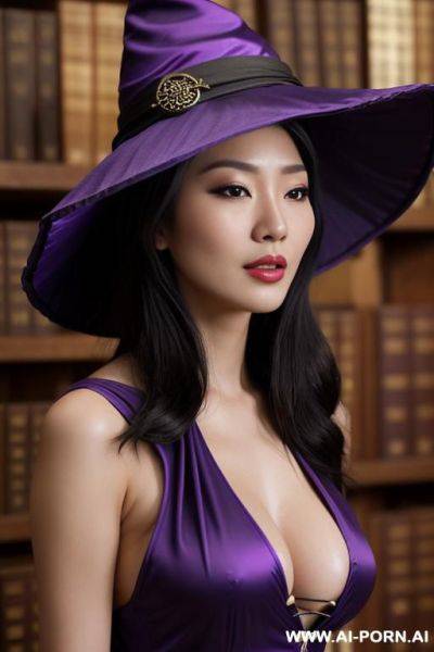 (close up) (asian witch) (skimpy purple witch outfit) (witch hat) (nip slip) (ancient library) (casting magic spell) - ai-porn.ai on pornintellect.com
