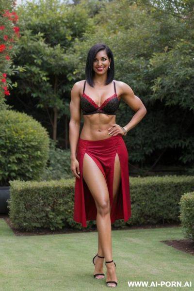 Indian, short hair, fit, abs, muscular arms, big ass, tall, long legs, navel piercing, red bra, red pleat skirt, black robe looking at camera, full body, stiletto, in garden - ai-porn.ai - India on pornintellect.com