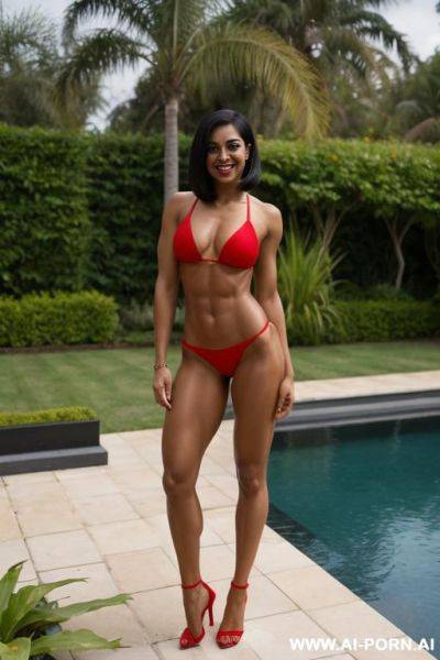 Indian, short hair, fit, abs, muscular arms, big ass, tall, long legs, navel piercing, red skimpy bikini, black bath robe, looking at camera, full body, stiletto, in garden - ai-porn.ai - India on pornintellect.com