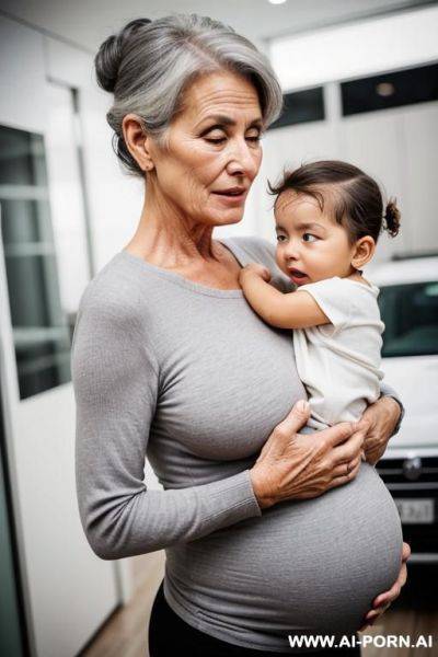 Pregnant gilf is hip carrying her crying grandchil. gray hair. chignon. - ai-porn.ai on pornintellect.com