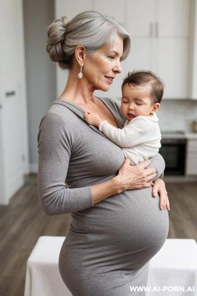 Pregnant gilf is hip carrying her crying grandchil. gray hair. chignon. nsfw. - ai-porn.ai on pornintellect.com