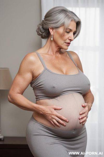 Pregnant gilf is hip carrying her crying grandchil. gray hair. chignon. nsfw. front view. sexy pregnant belly. - ai-porn.ai on pornintellect.com