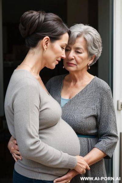 Pregnant grandma is hip carrying her crying grandman. gray hair. chignon. - ai-porn.ai on pornintellect.com