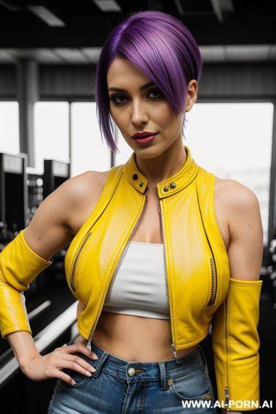 Yellow sleeveless leather crop top jacket, yellow leather shorts , middle parted hair - ai-porn.ai on pornintellect.com