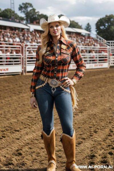 Blonde wearing opened plaid shirt with gold uggs boots with a button, full body - ai-porn.ai on pornintellect.com