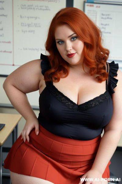 Close up full body photo shot, about at classroom, obese chubby fat bbw curvy redhead teacher, wearing a sexy and hot micro red ruffle skirt and elegant top, teaching to the classroom. - ai-porn.ai on pornintellect.com