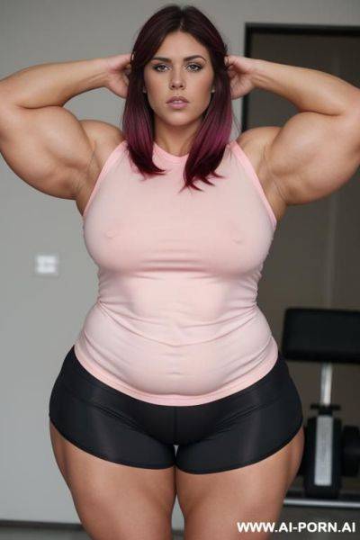 Huge massive fat obese muscled bulked up legs, huge massive fat obese muscled bulked up thighs, tight sport shorts. tight pink shirt. - ai-porn.ai on pornintellect.com