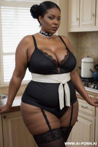 Obese matured very old black gilf, very fat, very large hips, very plump, extra thicc, wrinkles, wrinkled skin, aging marks, hair bun, french maid outfit, french maid, maid, soubrette, extremely gigantic boobs, choker, perfect eyes, kitchen, waist shot - ai-porn.ai - France on pornintellect.com