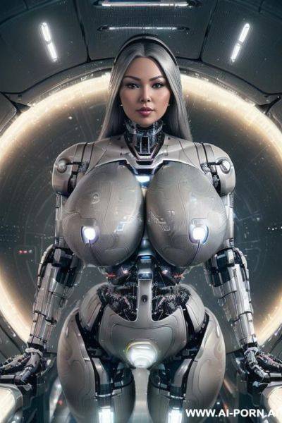 (((super realistic))) ((spaceship)) ((front view)) (((beautiful cyborg woman))) (((sexy cyborg woman))) (((chinese))) ((blonde)) ((long thick hair)) (((perfectly beautiful face, sexy plump lips))) (((huge - ai-porn.ai - China on pornintellect.com