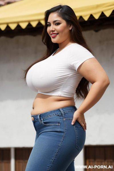 Supermodel, mexican, chola style, massive round hips hips, pear shaped, tight jeans, side angle, very chubby, tight white shirt, huge round belly, tan - ai-porn.ai - Mexico on pornintellect.com