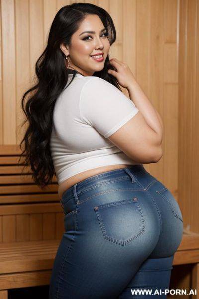 Supermodel, mexican, chola style, massive round hips hips, pear shaped, tight jeans, side angle, very chubby, tight white shirt, huge ass - ai-porn.ai - Mexico on pornintellect.com