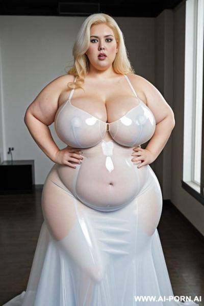A white obese fat woman with gigantic huge boobs, ginger hair, in transparent blue latex ballgown mastrubating a ebony obese fat woman with gigantic huge boobs, white hair, in transparent white latex ballgown. - ai-porn.ai on pornintellect.com