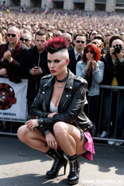 Punk woman, mohawk, squatting next to crowd of people. short skirt, jacket - ai-porn.ai on pornintellect.com